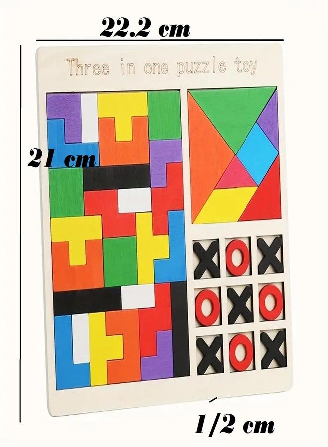 AZE Enterprises 3-in-1 Wooden Puzzle Toy, Tetris Tangram Tic Tac Toe Board Montessori Educational Brain Development Toys for All Ages Logic & IQ Game Xmas Gift for Boys Girls Christmas Learning Toy - Image 3